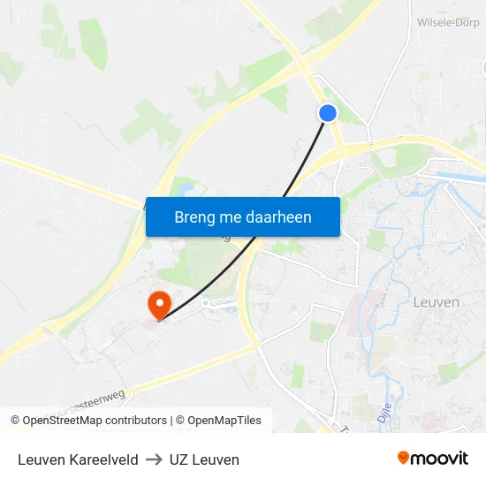 Leuven Kareelveld to UZ Leuven map