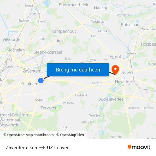 Zaventem Ikea to UZ Leuven map