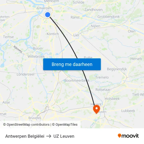 Antwerpen Belgiëlei to UZ Leuven map