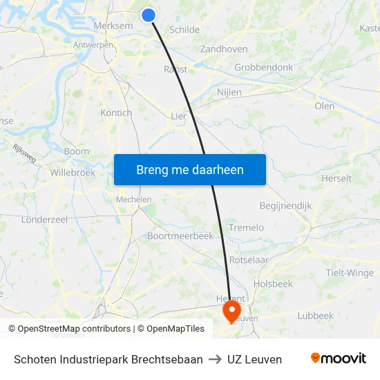 Schoten Industriepark Brechtsebaan to UZ Leuven map