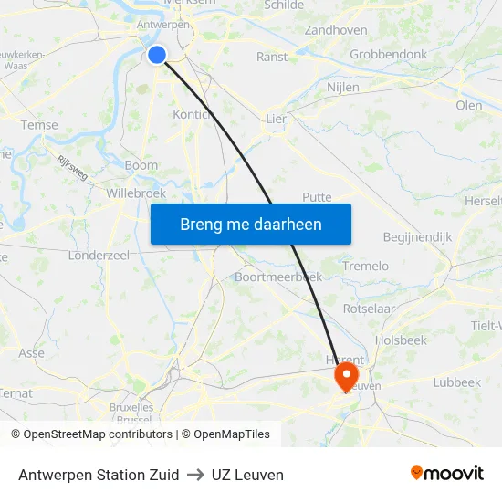 Antwerpen Station Zuid to UZ Leuven map