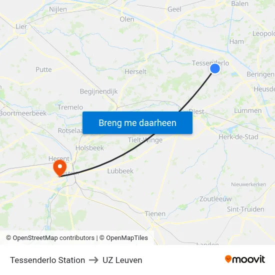 Tessenderlo Station to UZ Leuven map