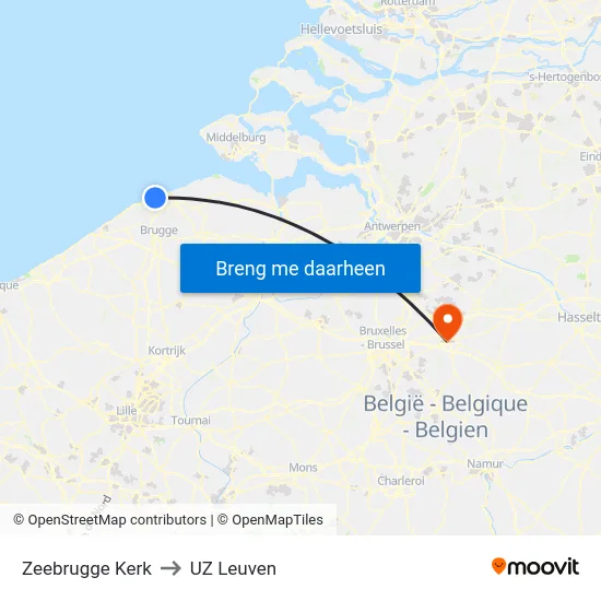 Zeebrugge Kerk to UZ Leuven map