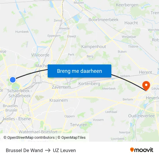 Brussel De Wand to UZ Leuven map
