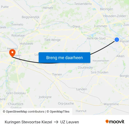 Kuringen Stevoortse Kiezel to UZ Leuven map