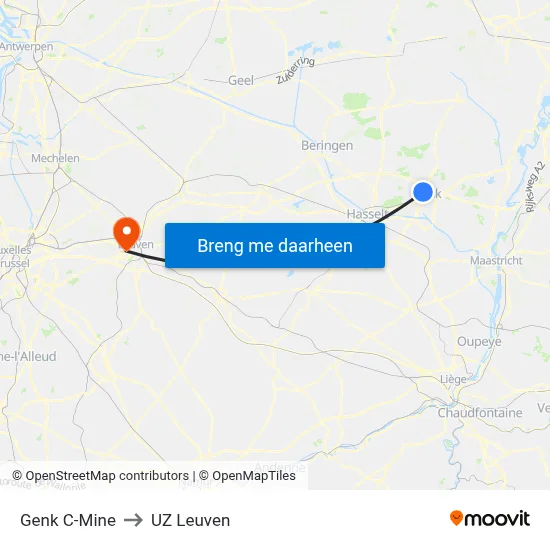 Genk C-Mine to UZ Leuven map