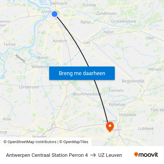 Antwerpen Centraal Station Perron 4 to UZ Leuven map
