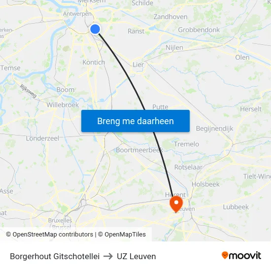 Borgerhout Gitschotellei to UZ Leuven map