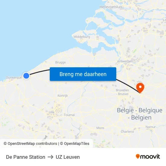 De Panne Station to UZ Leuven map