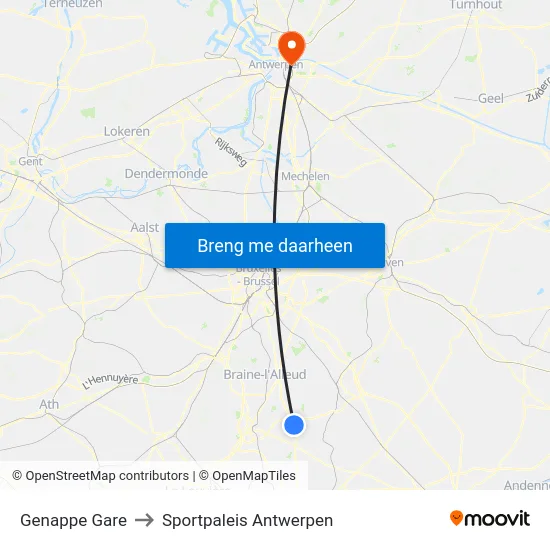 Genappe Gare to Sportpaleis Antwerpen map