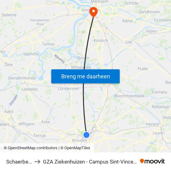 Schaerbeek to GZA Ziekenhuizen - Campus Sint-Vincentius map