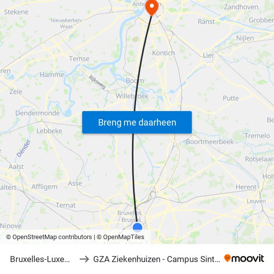 Bruxelles-Luxembourg to GZA Ziekenhuizen - Campus Sint-Vincentius map