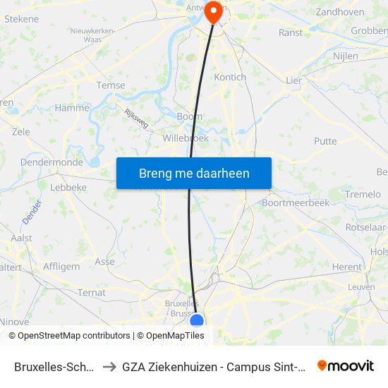 Bruxelles-Schuman to GZA Ziekenhuizen - Campus Sint-Vincentius map