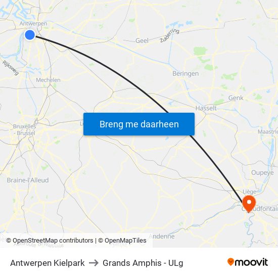 Antwerpen Kielpark to Grands Amphis - ULg map