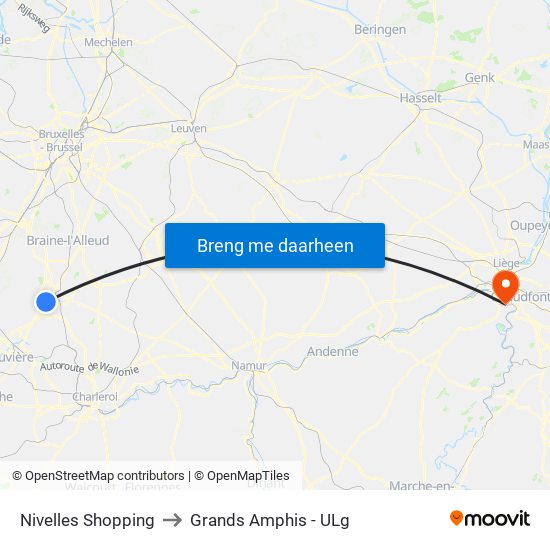 Nivelles Shopping to Grands Amphis - ULg map
