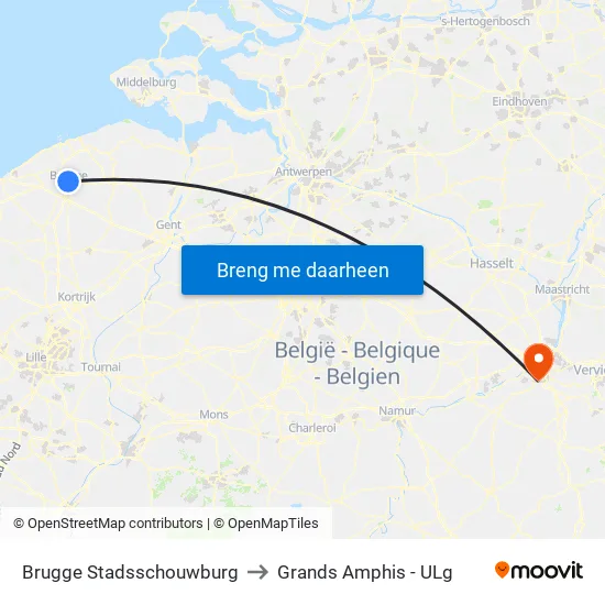 Brugge Stadsschouwburg to Grands Amphis - ULg map