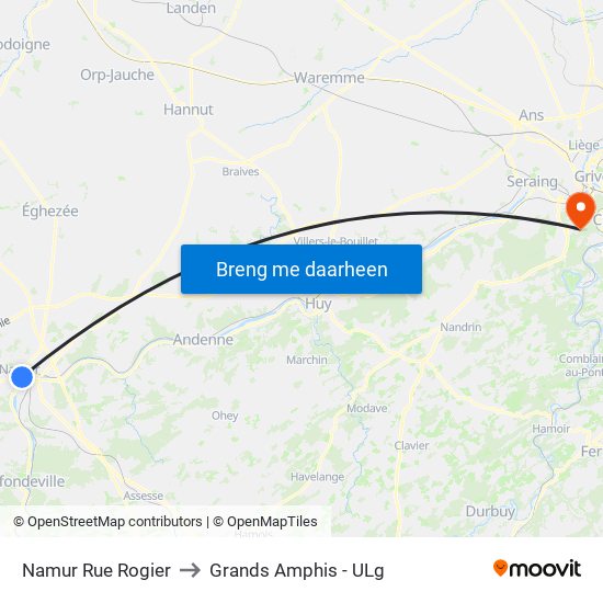 Namur Rue Rogier to Grands Amphis - ULg map