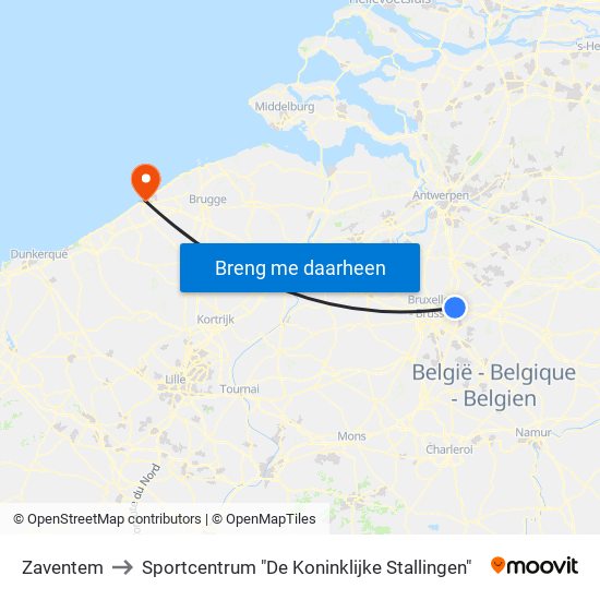 Zaventem to Sportcentrum "De Koninklijke Stallingen" map