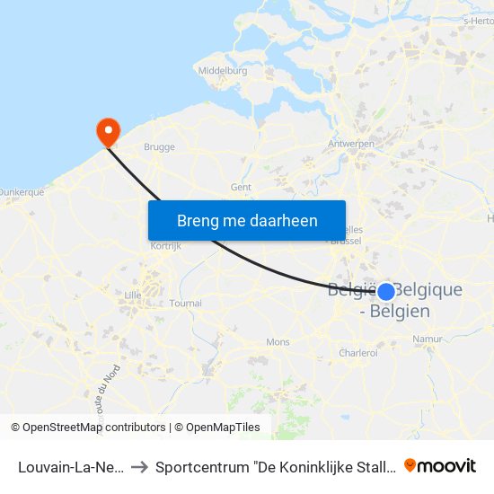 Louvain-La-Neuve to Sportcentrum "De Koninklijke Stallingen" map
