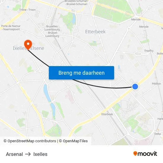 Arsenal to Ixelles map