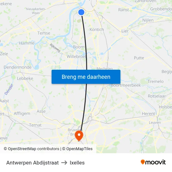 Antwerpen Abdijstraat to Ixelles map