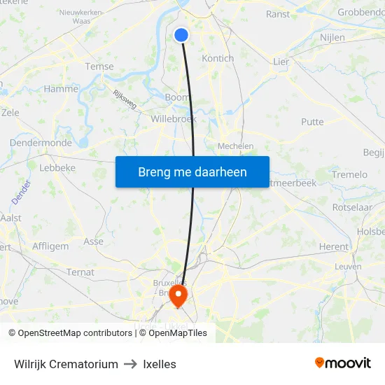 Wilrijk Crematorium to Ixelles map
