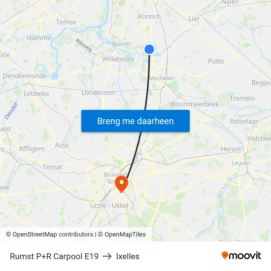 Rumst P+R Carpool E19 to Ixelles map