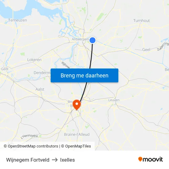 Wijnegem Fortveld to Ixelles map