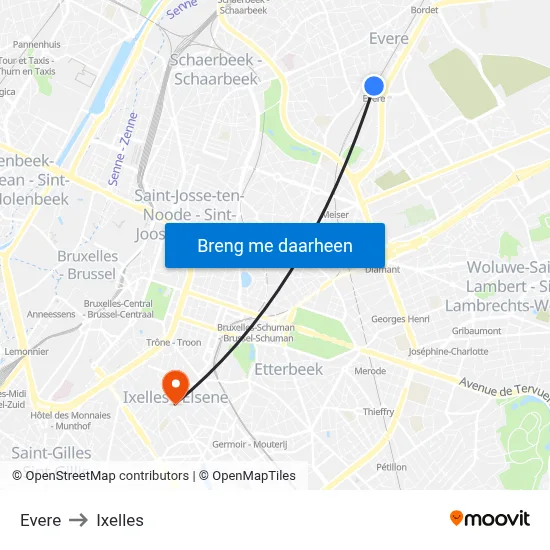 Evere to Ixelles map