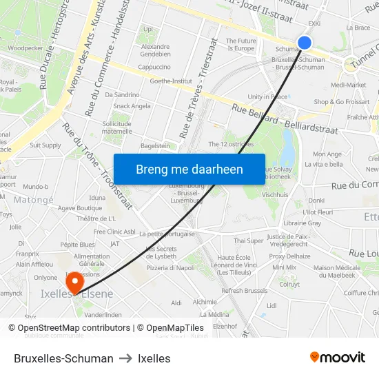 Bruxelles-Schuman to Ixelles map