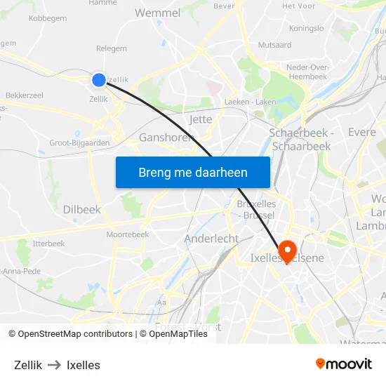 Zellik to Ixelles map