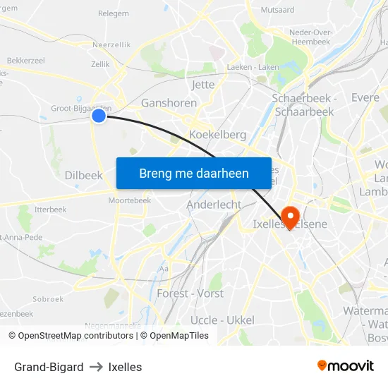 Grand-Bigard to Ixelles map