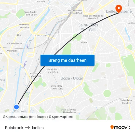 Ruisbroek to Ixelles map