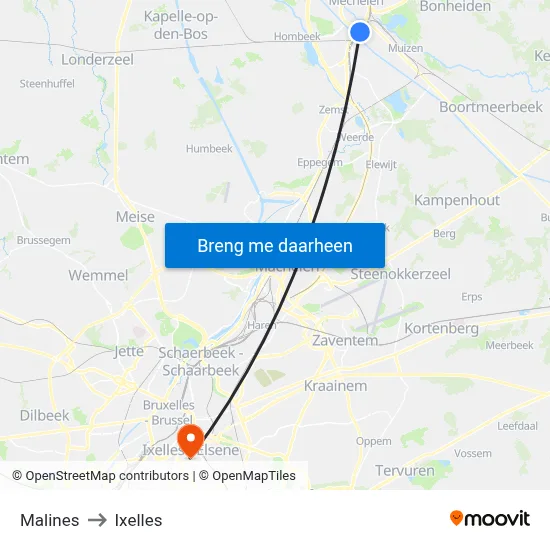 Malines to Ixelles map