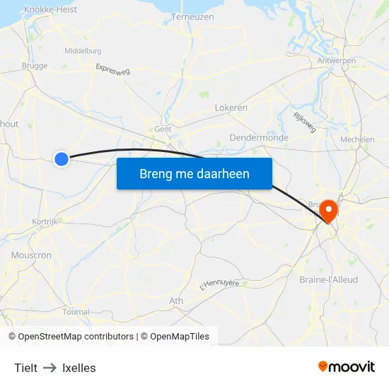 Tielt to Ixelles map