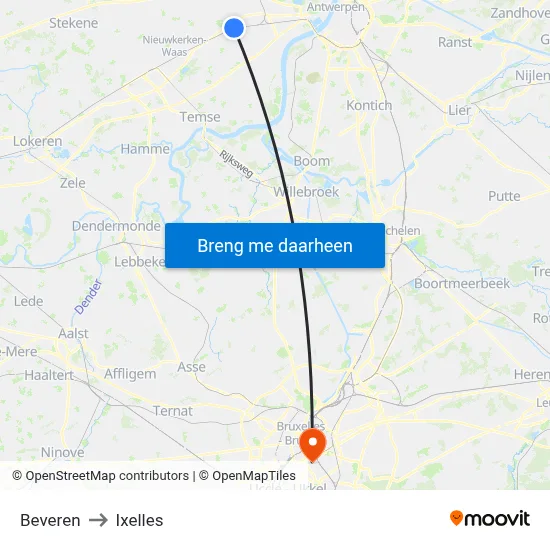 Beveren to Ixelles map