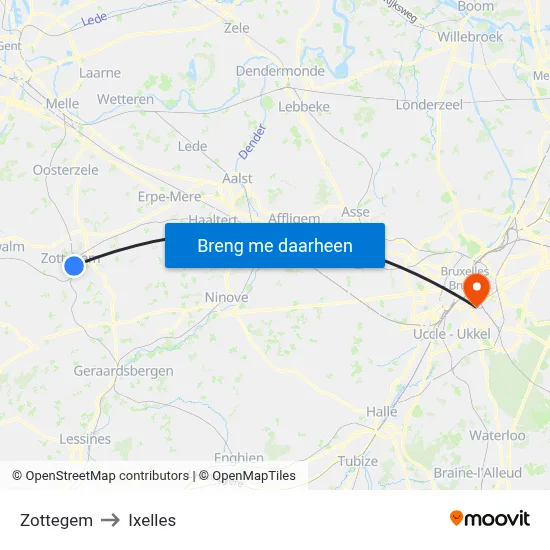 Zottegem to Ixelles map