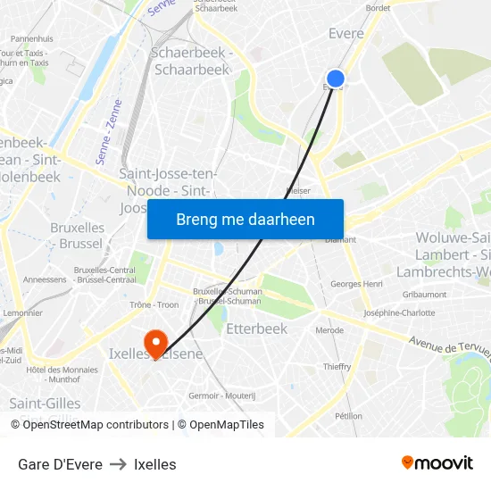 Gare D'Evere to Ixelles map