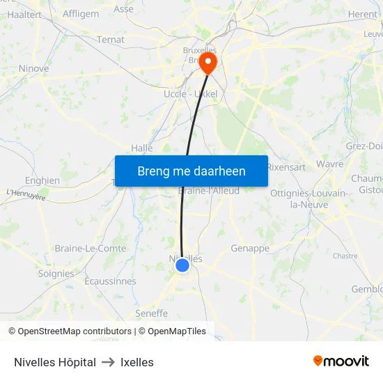 Nivelles Hôpital to Ixelles map