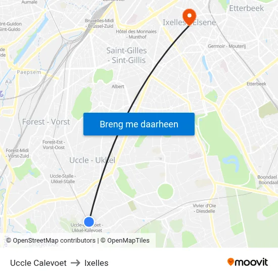 Uccle Calevoet to Ixelles map