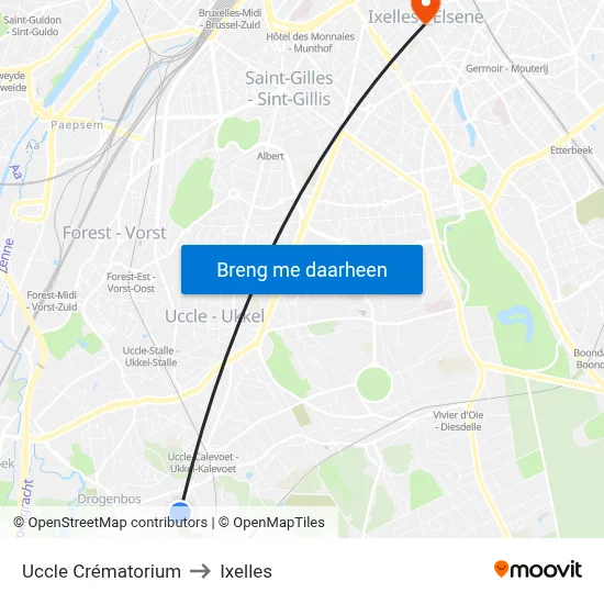 Uccle Crématorium to Ixelles map