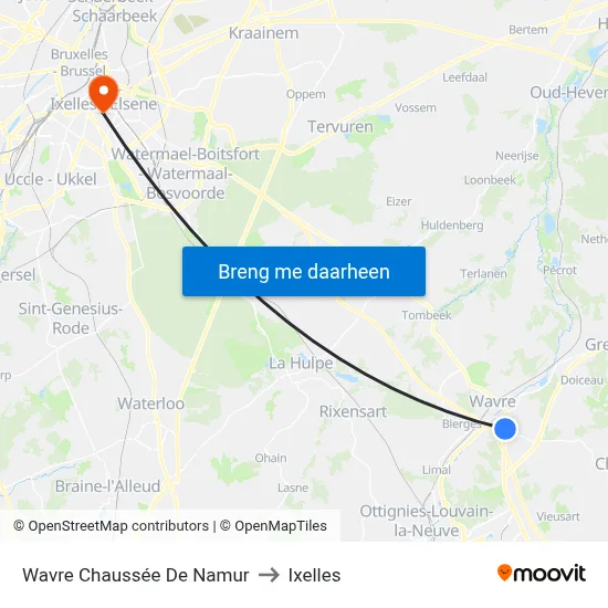 Wavre Chaussée De Namur to Ixelles map