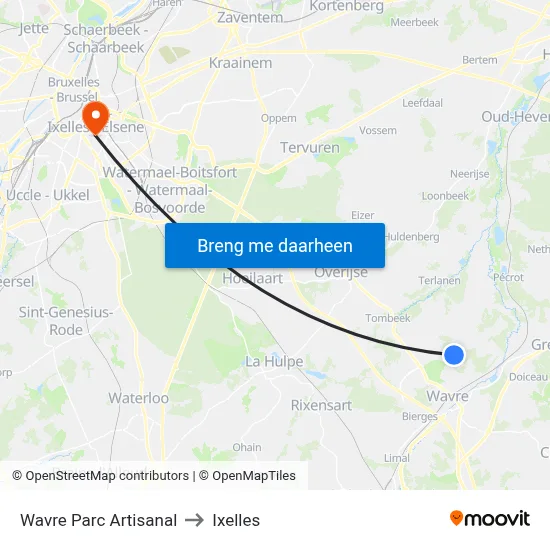 Wavre Parc Artisanal to Ixelles map