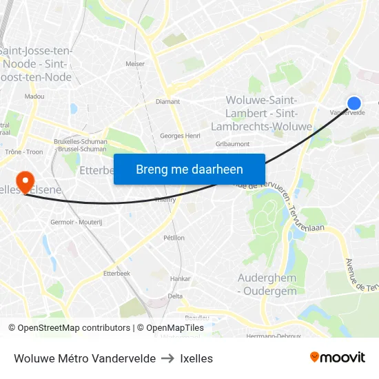Woluwe Métro Vandervelde to Ixelles map