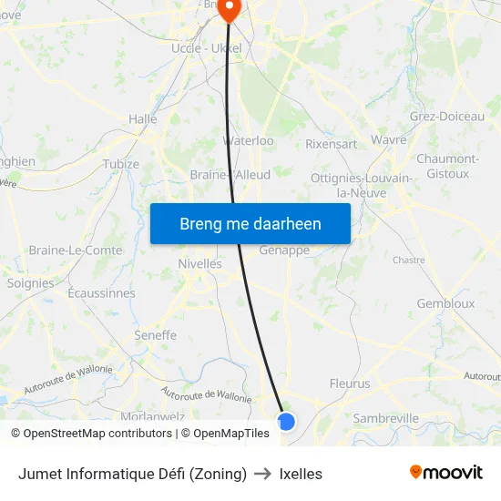 Jumet Informatique Défi (Zoning) to Ixelles map
