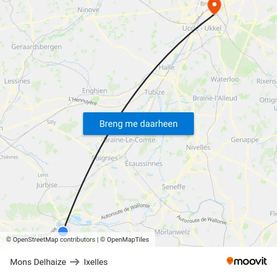 Mons Delhaize to Ixelles map