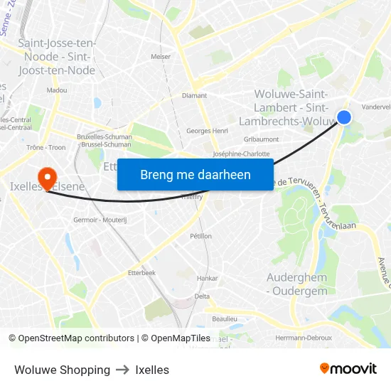 Woluwe Shopping to Ixelles map