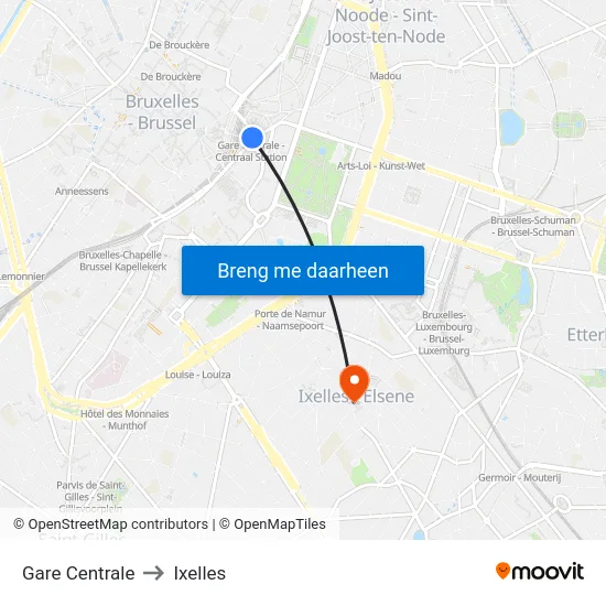 Gare Centrale to Ixelles map
