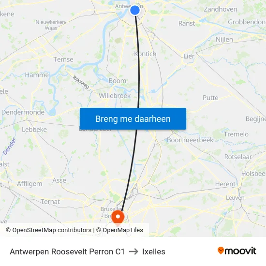 Antwerpen Roosevelt Perron C1 to Ixelles map