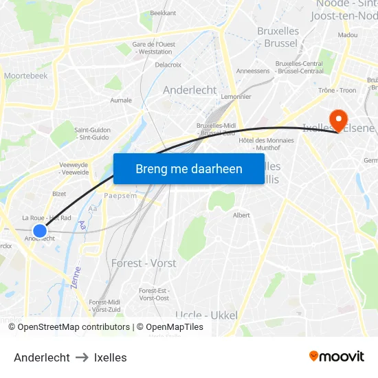 Anderlecht to Ixelles map